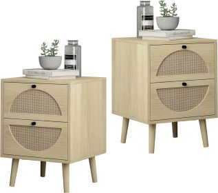 Nightstand Set of 2 with Rattan Storage Drawers, End Table Side Table Wooden Coffee Table Accent Home Decor for Living Room, Bedroom (Natural)