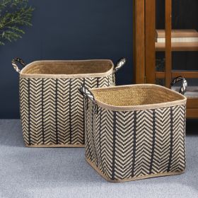 Square Palm Leaf Woven Wicker Storage Basket with Handles Set of 2 - 14" x 14" x 15" and 16" x 16" x 17" - Black and Brown - For Clothes, Books Storag