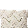 18 x 18 Square Polycotton Handwoven Accent Throw Pillow, Fringed, Sequins, Chevron Design, Off White