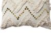 18 x 18 Square Polycotton Handwoven Accent Throw Pillow, Fringed, Sequins, Chevron Design, Off White