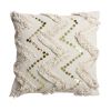 18 x 18 Square Polycotton Handwoven Accent Throw Pillow, Fringed, Sequins, Chevron Design, Off White