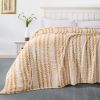 Back Printing Shaved Flannel Plush Blanket, Light Brown Stripe Blanket for Bed or Sofa, 80" x 90"