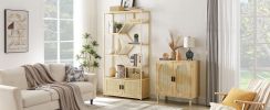 Rattan bookshelf 5 tiers Bookcases Storage Rack with cabinet for Living Room Home Office