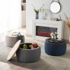 Round Storage Ottoman; 2 in 1 Function; Work as End table and Ottoman; Navy