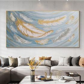 Handmade Oil Painting Abstract Feather Oil Painting on Canvas Large Original Gold White Boho Minimalist Painting Custom Painting Living Room Wall Art (style: 1, size: 50x100cm)