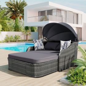 79.9" Outdoor Sunbed with Adjustable Canopy;  Double lounge;  PE Rattan Daybed (Color: Gray)