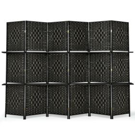 6 Panel Folding Weave Fiber Room Divider with 2 Display Shelves (Color: Black)