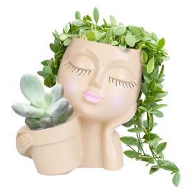 Girl Face Planter Pot Dual Opening Flower Pot With Drainage Hole Lady Head Resin Plant Pot For Succulent Cactus Indoor Outdoor (Color: Khaki)