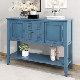 Cambridge Series Ample Storage Vintage Console Table with Four Small Drawers and Bottom Shelf for Living Rooms,Entrances and Kitchens (Material: Solid Wood+MDF, Color: Light Navy)