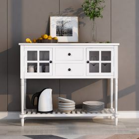 Sideboard Console Table with Bottom Shelf,Farmhouse Wood/Glass Buffet Storage Cabinet Living Room (Material: Solid Wood, Color: White)