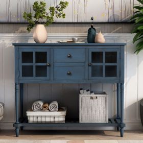 Sideboard Console Table with Bottom Shelf,Farmhouse Wood/Glass Buffet Storage Cabinet Living Room (Material: Solid Wood, Color: Antique Navy)